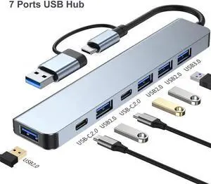 Aluminum 7 in 1 USB C Hub with USB 3.0,7 Ports with 2* USB-C and 5* USB-A, Ultra Slim Portable USB Splitter Adapter for Laptop, PS4, Flash Drive, HDD, Xbox, Printer, Mouse, Keyboard