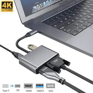 USB C to HDMI VGA Adapter 4-in-1 USB C Hub with 4K HDMI,1080P VGA,USB 3.0, 87W USB C PD Charging (Thunderbolt 3)Type C Multiport Adapter for MacBook Pro/Nintendo Switchi/Pad Pro/Dell XPS/Samsung -Gray