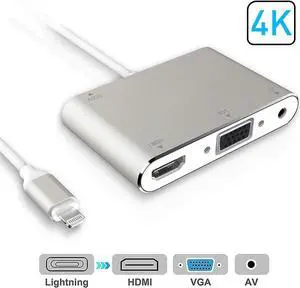 HDMI VGA AV Adapter Converter, 2019 Latest 4 in 1 Plug and Play Digtal AV Adapter Compatible for iPhone X / 8 / 8Plus/7/7Plus/6/6s/6s Plus/5/5s iPad iPod to Projector HDTV Projector Monitor