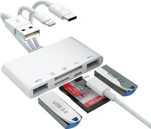 5-in-3 USB A/C/Lightning SD TF Card Reader for iPhone 15/iPad/MacBook/Mac,USB Memory Card Adapter,Trail Camera Viewer Support OTG for Plug&Play