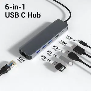 USB C to Ethernet Adapter, 6 in 1 USB C Multiport Hub with Rj45 1000 Mbps, 3 x USB 3.0 Ports, 100W PD, 1Gbps LAN, 4K HDMI Video Output Compatible with MacBook Air/Pro,iMac, iPad Pro, Chromebook