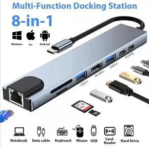 8 in 1 USB C Hub with 4K HDMI, 100W PD, USB 3.0, USB2.0, TF/SD Card Reader, TF/SD Card Reader, Ethernet, Ultra Slim Portable USB Splitter Adapter for Laptop, HDD, Printer, Mouse, Keyboard