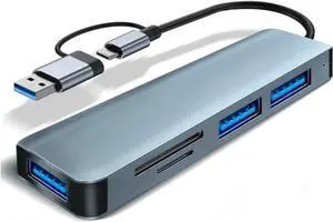 Aluminum 5 in 1 USB C Hub with 1*USB 3.0, 2* USB2.0, TF/SD Card Reader, Ultra Slim Portable USB Splitter Adapter for Laptop, PS4, Flash Drive, HDD, Xbox, Printer, Mouse, Keyboard