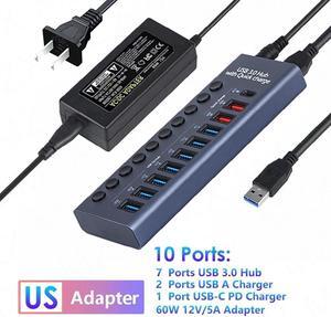 10-Port Powered USB 3.0 Hub with 7 USB 3.0 Data Transmission Ports + 2 Smart Charging Ports + 1 PD Charging Port, USB Splitter for Laptop/PC, work for Mouse, Keyboard, Hard Drive or More USB Devices