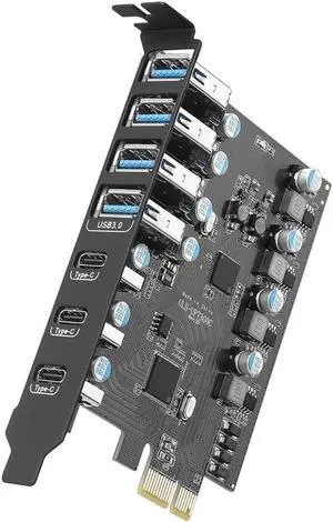 7 Ports PCI-E to USB 3.0 HUB(3X USB C - 4X USB A 3.0) PCI Express Expansion Card Adapter 5Gbps for Motherboard, Fits PCI Express x1, x4, x8 or x16 socket.