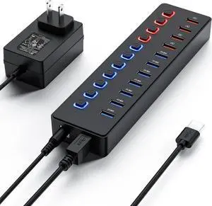 11 Ports USB Hub 3.0 Powered, 7 Ports USB Data Hub Splitter and 4 Smart Charging Port and 12V/3A Powered Adapter and ON/Off Switches for MacBook, Mac Pro/Mini, iMac, Surface Pro Laptop/PC