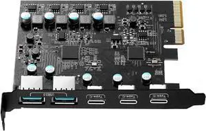 5-Ports PCI-E to USB 3.0 HUB(3X USB C - 2X USB A 3.0) PCI Express Expansion Card Adapter 5Gbps for Motherboard, Fits PCI Express x1, x4, x8 or x16 socket.