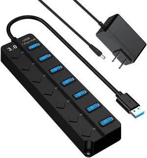 USB Hub 3.0 Splitter, 7-Port USB Hubs, Multiple Ports Expansion, Individual On/Off Switch LED Indicator, Slim Portable Data Expander for Laptop, Keyboard, Mouse, Adapter