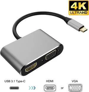 USB C to HDMI VGA Adapter, Type C Hub with 4KX2K HDMI, 1080P VGA, 2 Screens Different Display, Compatible with MacBook Pro/Air/ipad Pro/Chromebook Pixel/Dell XPS/Nintendo and More