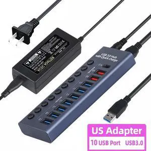 10-Port USB 3.0 Hub with Power Adapter - 7 USB 3.0 Data Transmission Ports + 2 Smart Charging Ports + 1 PD Charging Port - [Durable Aluminum] - High Speed USB 3.0 (5Gbps) - (5Gbps) Hub