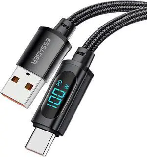 7A 100W USB A to USB C Cable Fast Charging,  Nylon Braided Type-C Cable with LED Display for lPad Air/lPad Pro, MacBook Pro, Samsung Galaxy S21/S10/S9/Plus (1-Pack, 3.3ft)