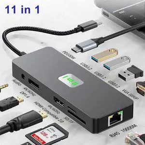 USB C Hub, Docking Station, 11 in 1 USB C Adapter Dongle with 4K60 HDMI 4K60 DP 1080P VGA 1000Mbps Ethernet PD 3.0 100W 3* 10Gbps USB3.2 TF/SD Card Slot, Audio Laptop Docking