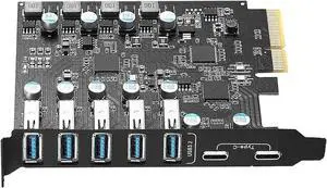 7 Ports Superspeed 5Gbps USB 3.2 PCI Express Expansion Card for Windows 11, 10, 8.x, 7, Vista, XP Desktop PCs, Built in Self-Powered Technology, (2X USB C - 5X USB A)