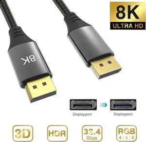 8K DisplayPort Cable DisplayPort 1.4, DP1.4 Cable, DP 8K 7680x4320 @60Hz, 4K@144Hz, 3D, HDR 4:4:4, HDCP for PC, Laptop, HDTV, 6.6ft