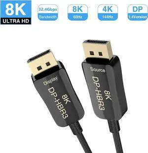 DP Fiber Optic Cable, 8K 4K DisplayPort Cable DP 1.4 8K@60Hz 4K@144Hz 32.4Gbps High Speed Optic Fiber Slim and Flexible DP to DP Male to Male 3D DP to DP Cable (33ft)