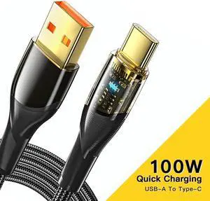 7A 100W USB A to USB C Cable Fast Charge,  Nylon Braided Type-C Cable Transparent for lPad Air/lPad Pro, MacBook Pro, Samsung Galaxy S21/S10/S9/Plus (1-Pack, 3.3ft)