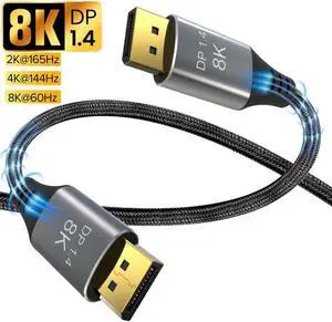 Certified 1.4 8K DisplayPort Cable 3.3FT/1M, DP Cable (8K@60Hz, 4K@144Hz, 1080P@240Hz) HBR3 Support 32.4Gbps, HDCP 2.2, HDR10 FreeSync G-Sync for Gaming Monitor 3090 Graphics PC