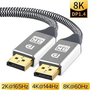 Certified DisplayPort Cable 1.4, 8K DP Cable 10FT (8K@60Hz, 2K@240Hz, 4K@144Hz, 32.4Gbps) Support HDCP 2.2, HDR10 FreeSync G-Sync for Gaming Laptop TV PC Computer Monitor (Silver)