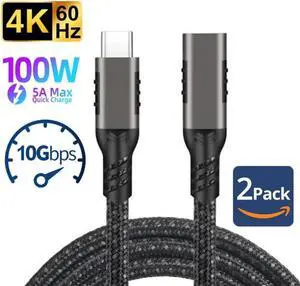 2Pack USB C Extension Cable 1.6FT, USB-C 3.2 Male to Female Extender Cord, USB Type C Extend Fast Charging, UHD 4K Video & 10Gbps Data Sync Transfer for Laptop, Tablet, Mobile Phone, MacBook and More