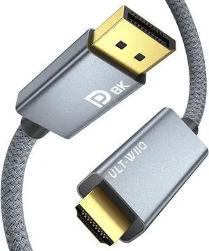 8K DisplayPort to HDMI Cable 6.6ft, DP 1.4 to HDMI 2.1 Video Cable, Support 8K, 4K@120Hz/144Hz, 2K@240Hz, Dynamic HDR, Dolby Vision, HDCP 2.3, DSC 1.2a for PC, HP, DELL, AMD, NVIDIA Graphics