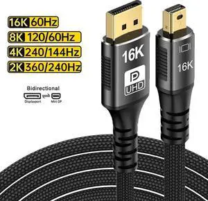 Mini DisplayPort to DisplayPort 2.1 Cable( Bi-Directional ) 16K@60Hz 8K@120Hz 80Gbps DisplayPort to Mini DisplayPort Cord HDR HDCP for Thunderbolt 2/1 MacBook GSync FreeSync Monitor -3.3FT