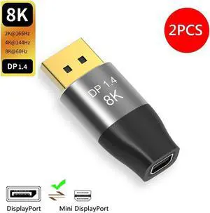 8K Mini DisplayPort to DisplayPort Adapter, Mini DP Female to DP 1.4 Male Bidirectional Converter, Support 8K@60Hz, 4K@144Hz, 2K@240Hz, HDR for PC, Surface Pro, Monitor, Graphics, 2 Pack