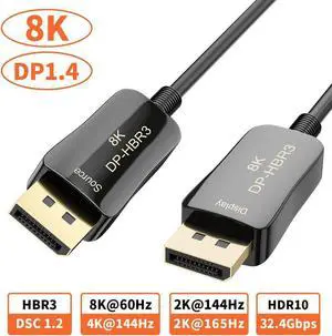 Fiber 8K DisplayPort DP 1.4 Cable DP Ultra HD 8K@60Hz, 4K @ 120Hz High Speed 32.4Gbps Optic Fiber Slim and Flexible DP to DP Male to Male 3D Cable 10m 33ft