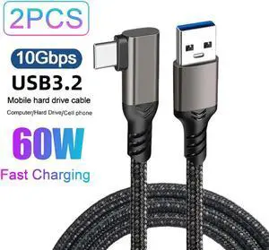 USB C Cable 10Gbps USB A to C Data Cable 1.6FT/2 Pack, 3A Type C Charger 90 Degree Fast Charging High Speed USB 3.2 Gen 2 Data Transfer Braided Cable for Galaxy S21/S20, SSD, PS4/5 Controller etc