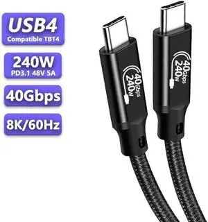 USB 4.0 240W 40Gbps Data Type-C Braided Cable - Thunderbolt 3/4 Compatible, 8K@60Hz Video, Durable Sleeved Jacket - Compatible with Mobile Phone, Notebook, MAC, SSD and all USB-C devices (1.6ft)