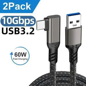 USB A to USB C Cable 1.6ft+1.6ft Braided Right Angle , 10Gbps Data Transfer and 60W 3A Fast Charging 3.1/3.2 Gen 2 Cable, for Samsung MacBook Laptop Tablet Phone and Other Type A to Type C Device