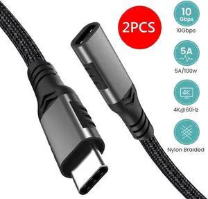 USB C Extension Cable , USB C to USB C Male to Female, Type C Extender Cord USB3.1 Gen2 100W Fast Charging 10Gbps Transfer Compatibility with Laptop Tablet Mobile Phone-2 Pack, 1.6ft