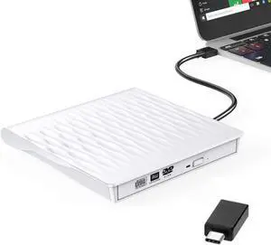 External CD DVD Drive, USB 3.0 Type-C Portable CD/DVD /-RW Drive/DVD Optical Drive disc Player for Laptop Slim CD ROM Rewriter Burner Compatible with Mac Laptop Desktop PC Windows Linux OS(White)