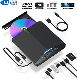 External DVD Drive with 4 USB3.0 Ports and TF SD Card Slots, USB 3.0 Portable CD/DVD +/-RW Drive Slim Optical Burner Writer Rewriter, High Speed Data Transfer for Laptop Notebook Desktop PC