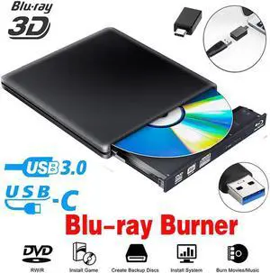 Aluminum External Blu-Ray/DVD/CD Burner Drive, USB 3.0 Type-C External DVD CD ROM Burner, Portable DVD Player, CD RW Optical Drive, For Laptop Desktop PC Windows Linux OS Apple Mac, Black
