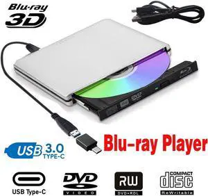 Aluminum Blu-Ray Player USB3.0 with Type-C adapter Superdrive External DVD/CD Reader and DVD/CD Burner for Apple-MacBook Air/Pro/iMac/Mini/MacBook Pro/ASUS/ASUS/DELL, Silver