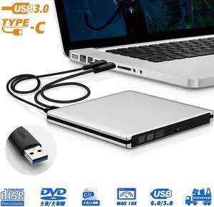 Aluminum External CD DVD Drive, USB Type C Dual Port CD Drive, DVD +/-RW CD +/-RW Writer Burner Player with Classic Silver for MacBook Air, MacBook Pro, Mac OS, PC Laptop (XD058, Silver)