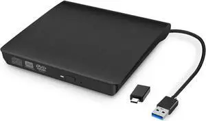 XD001 External CD Drive, USB 3.0 Optical Drive Type C Dual Port DVD Burner CD DVD Rewriter Burner Writer Compatible with Windows XP/7/8/10, MacOS, Linux for MacBook, Laptop, Desktop (Black)