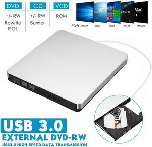 USB3.0/USB-C External CD DVD Drive, USB 3.0 Portable CD DVD +/-RW Drive Slim CD DVD ROM Rewriter Burner CD DVD Player for Laptop Desktop MacBook PC Windows Linux Mac Os (Silver)