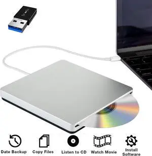 External CD DVD Drive,USB-C/USB 3.0 Slim Portable CD DVD +/-RW Rewriter Burner Writer, High Speed Data Transfer USB Optical Drives Player for PC Desktop/Laptop/Windows/Linux/Mac OS