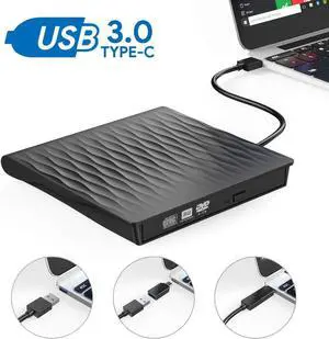 External DVD CD Drive USB3.0&USB C Super Drive External DVD CD+/-RW Burner Writer Optical Drive Compatible for with Mac/MacBook Pro/Air/iMac/Laptop/Desktop PC/Windows -Black