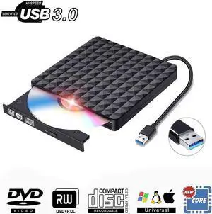Diamond Pattern External CD Drive USB 3.0 Portable High-Speed CD/DVD +/-RW Reader CD DVD Burner/Player/Writer for PC Desktop/Laptop/Linux/Notebook Windows 10/8/7/XP/Vista(Black)