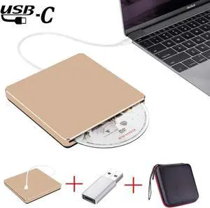 USB 3.0 & USB-C External DVD Drive with Case, Portable CD DVD RW Drive Burner Writer Optical Player for USB Type-C Windows Laptop Mac MacBook Pro Air iMac, Gold