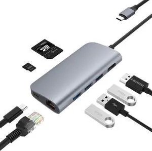 USB C Hub, 8 in 1 Multi-Port Type C Adapter Thunderbolt 3 with Type C Pd 2.0 Charging Port, HDMI Output, 3 USB 3.0 Ports, Gigabit Ethernet Port, SD/MicroSD Card Reader (Gray)