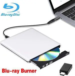 Aluminum External Blu-Ray Burner Drive USB 3.0/Type-C Portable CD/DVD+/-RW Burner Player Writer Compatible with Windows XP/7/8/10, MacOS, Linux for MacBook, Laptop, Desktop , Silver