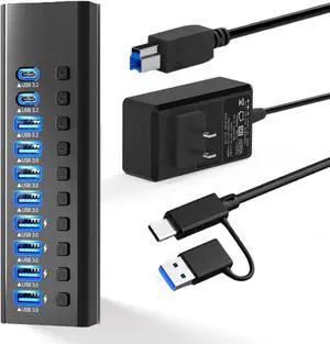 Powered USB Hub 3.0, 10-Port USB Data Hub Splitter (10Gbps USB-A 3.2 +2 USB-C 3.2 +7 USB 3.0 Ports), Individual On/Off Switches and 12V Power Adapter USB Extension for MacBook, Mac Pro/Mini and More
