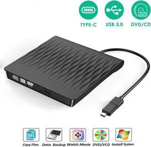 USB 3.0 Type C Dual Port External CD DVD Drive, Slim Portable External CD DVD Rewriter Burner Writer, High Speed Data Transfer External USB Optical Drives for Laptop/MacBook/Desktop (Black)