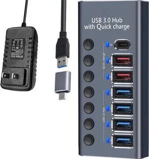 Powered USB Hub 3.0, 7-Port USB 3.0 Hub [4 USB 3.0 Data Transmission Ports + 2 Smart Charging Ports + 1 PD Charging Port] with Individual On/Off Switches, USB Hub 3.0 Powered for Laptop PC