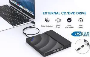 External DVD Drive for Laptop, Portable High-Speed USB-C&USB 3.0 CD Burner/DVD Reader Writer with Touch Sensitive Button for PC Desktops, Compatible with Windows/Mac OSX/Linux