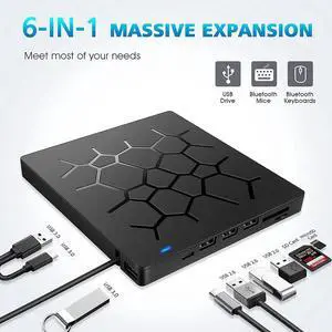 2022 New External CD DVD Drive, Portable USB 3.0 CD DVD +/-RW Drive Burner Player, with 4 USB Ports and 2 SD Card Slots Compatible for Windows 7/8/10 Laptop Computer Surface Pro Mac MacBook Air iMac