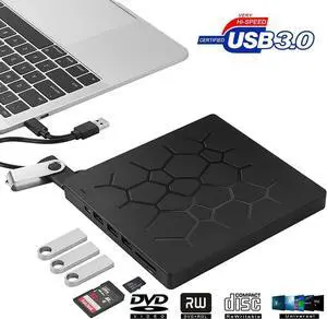 Multifunct External CD DVD Drive with 4 USB Ports and 2 SD Card Slots,7 -in-1 USB 3.0/Type-C Slim Protable External CD-RW Drive DVD-RW Burner Writer Player for Laptop Notebook PC Desktop Computer
